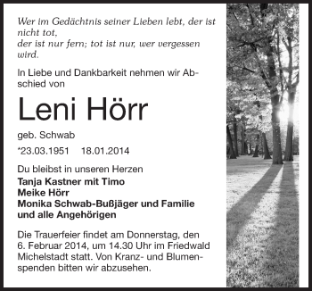 Traueranzeige von Leni Hörr von Echo-Zeitungen (Gesamtausgabe)