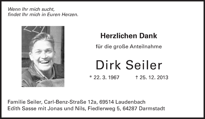  Traueranzeige für Dirk Seiler vom 25.01.2014 aus Echo-Zeitungen (Gesamtausgabe)