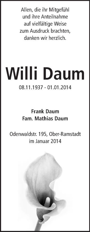 Traueranzeige von Willi Daum von Echo-Zeitungen (Gesamtausgabe)