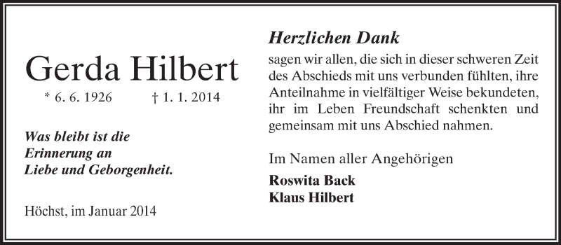  Traueranzeige für Gerda Hilbert vom 25.01.2014 aus Odenwälder Echo