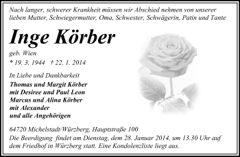 Traueranzeige von Inge Körber von Odenwälder Echo