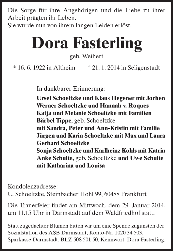  Traueranzeige für Dora Fasterling vom 25.01.2014 aus Echo-Zeitungen (Gesamtausgabe)