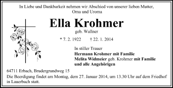 Traueranzeige von Ella Krohmer von Odenwälder Echo