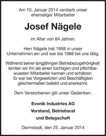 Traueranzeige von Josef Nägele von Echo-Zeitungen (Gesamtausgabe)