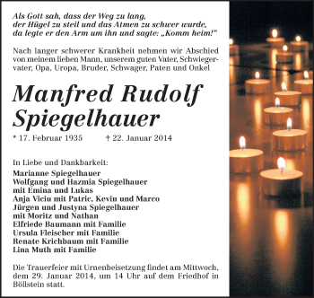 Traueranzeige von Manfred Rudolf Spiegelhauer von Odenwälder Echo