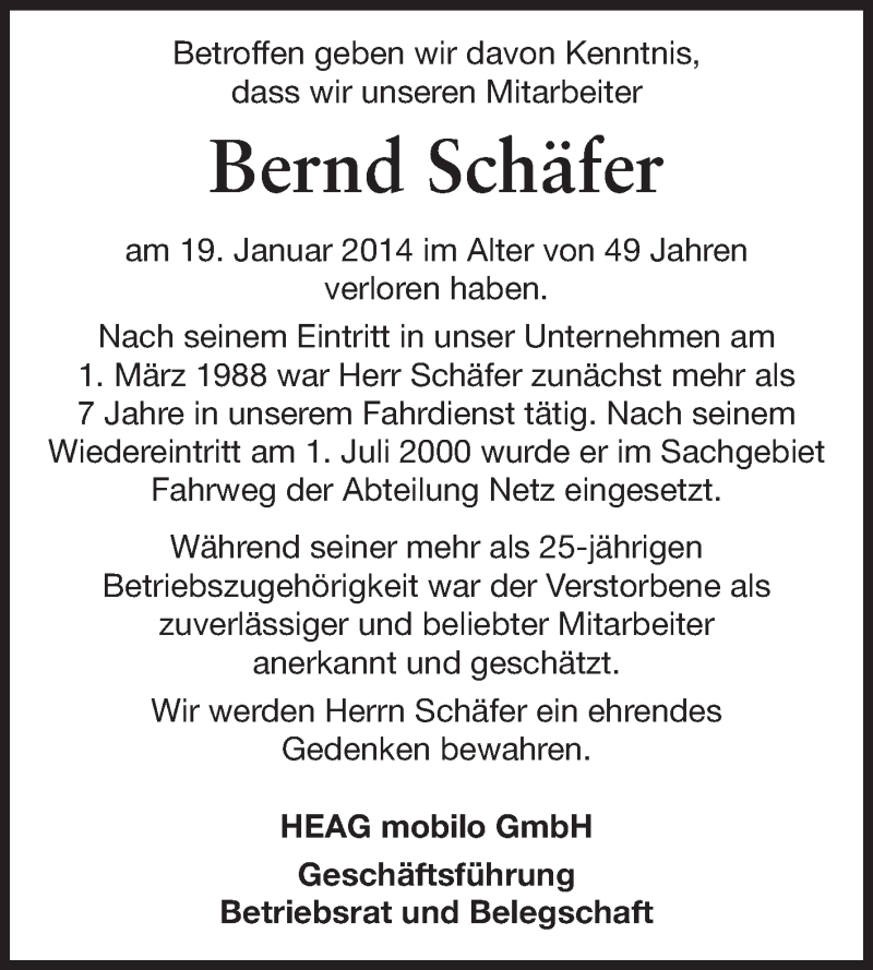  Traueranzeige für Bernd Schäfer vom 25.01.2014 aus Echo-Zeitungen (Gesamtausgabe)