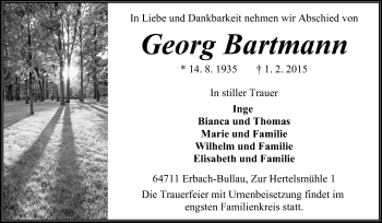 Traueranzeige von Georg Bartmann von Odenwälder Echo
