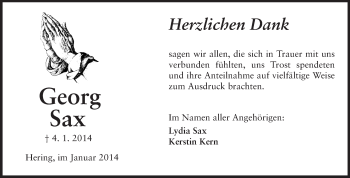 Traueranzeige von Georg Sax von Darmstädter Echo, Odenwälder Echo, Rüsselsheimer Echo, Groß-Gerauer-Echo, Ried Echo
