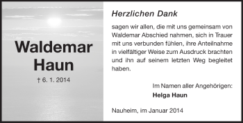 Traueranzeige von Waldemar Haun von Rüsselsheimer Echo, Groß-Gerauer-Echo, Ried Echo