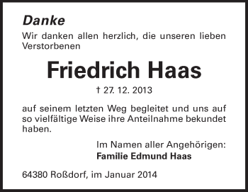 Traueranzeige von Friedrich Haas von Echo-Zeitungen (Gesamtausgabe)