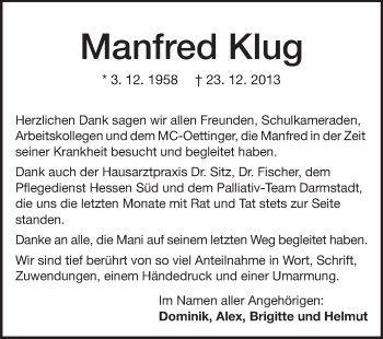 Traueranzeige von Manfred Klug von Echo-Zeitungen (Gesamtausgabe)