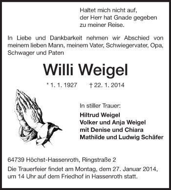 Traueranzeige von Willi Weigel von Odenwälder Echo