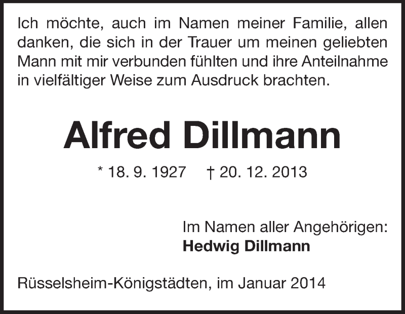  Traueranzeige für Alfred Dillmann vom 25.01.2014 aus Rüsselsheimer Echo, Groß-Gerauer-Echo, Ried Echo