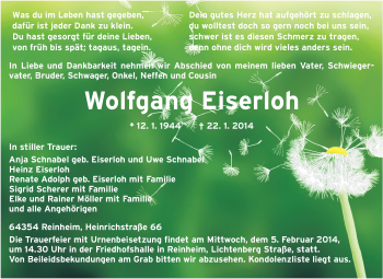 Traueranzeige von Wolfgang Eiserloh von Echo-Zeitungen (Gesamtausgabe)