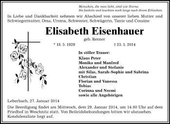 Traueranzeige von Elisabeth Eisenhauer von Starkenburger Echo