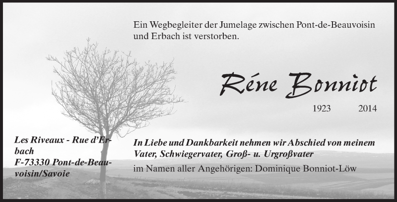  Traueranzeige für Réne Bonniot vom 27.01.2014 aus Odenwälder Echo