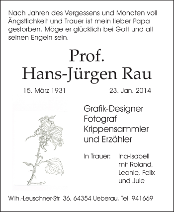 Traueranzeige von Hans-Jürgen Rau von Echo-Zeitungen (Gesamtausgabe)