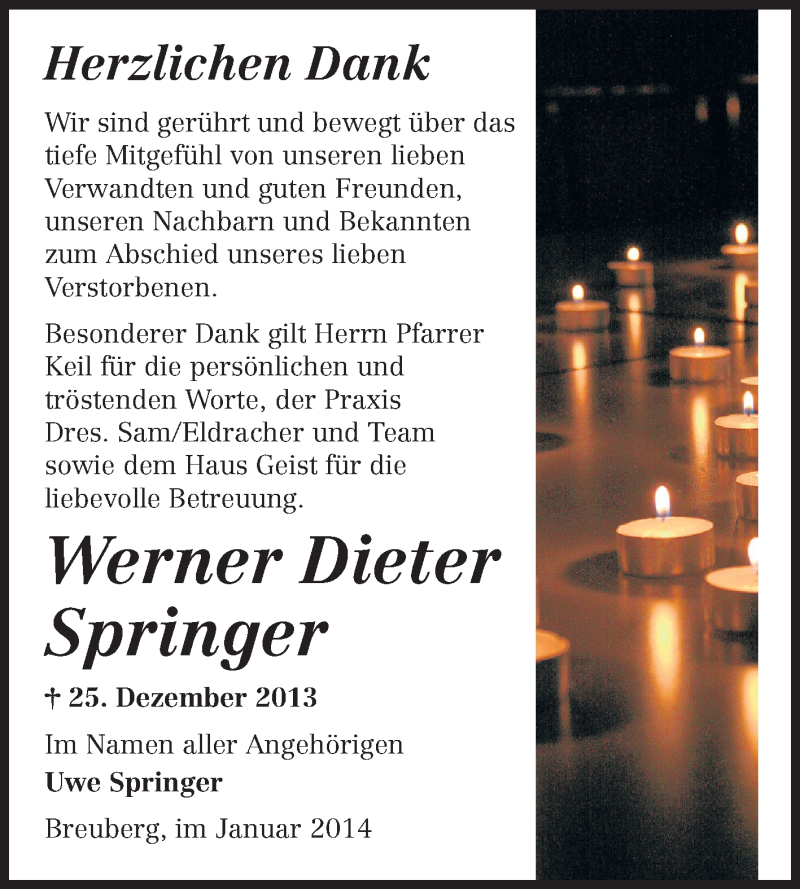  Traueranzeige für Werner Dieter Springer  vom 01.02.2014 aus Odenwälder Echo