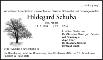 Traueranzeige von Hildegard Schuba von Echo-Zeitungen (Gesamtausgabe)