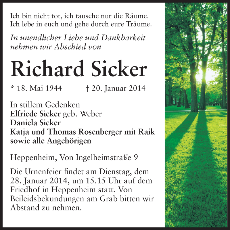  Traueranzeige für Richard Sicker vom 27.01.2014 aus Starkenburger Echo