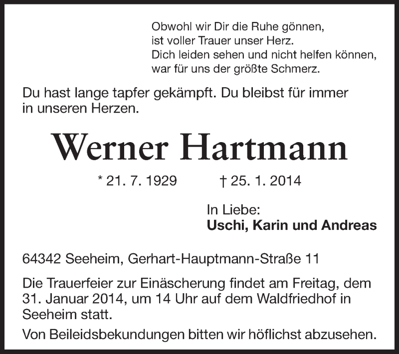  Traueranzeige für Werner Hartmann vom 27.01.2014 aus Echo-Zeitungen (Gesamtausgabe)