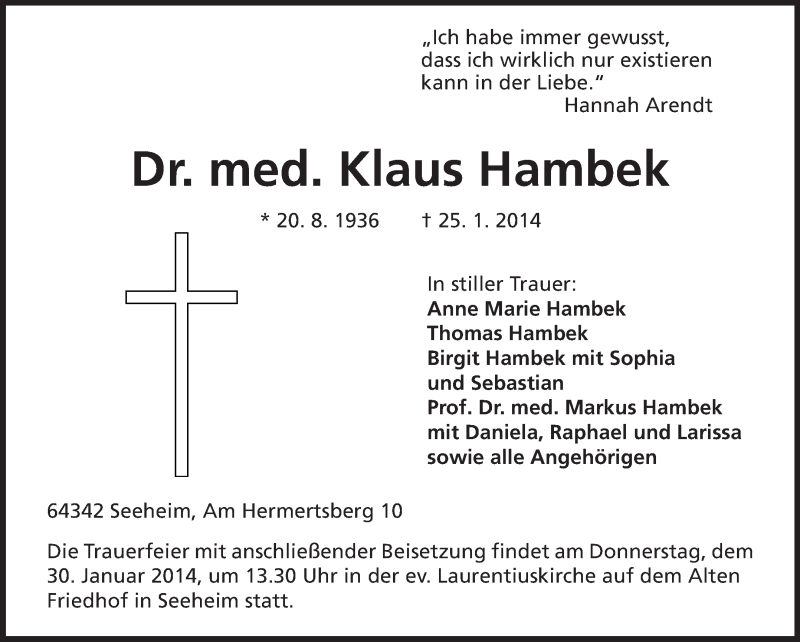  Traueranzeige für Klaus Hambek vom 27.01.2014 aus Echo-Zeitungen (Gesamtausgabe)