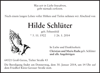 Traueranzeige von Hilde Schlüter von Rüsselsheimer Echo, Groß-Gerauer-Echo, Ried Echo