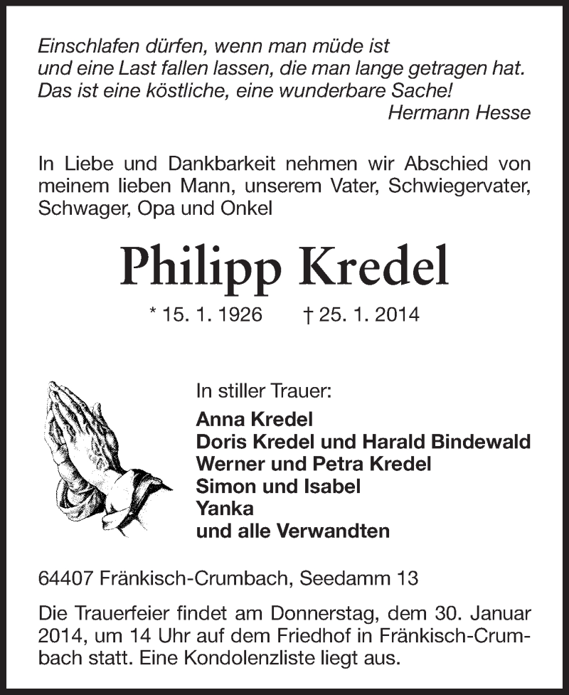  Traueranzeige für Philipp Kredel vom 28.01.2014 aus Odenwälder Echo