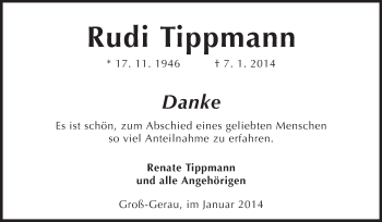 Traueranzeige von Rudi Tippmann von Rüsselsheimer Echo, Groß-Gerauer-Echo, Ried Echo