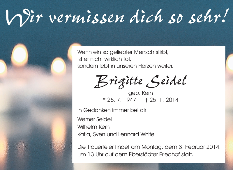  Traueranzeige für Brigitte Seidel vom 29.01.2014 aus Echo-Zeitungen (Gesamtausgabe)