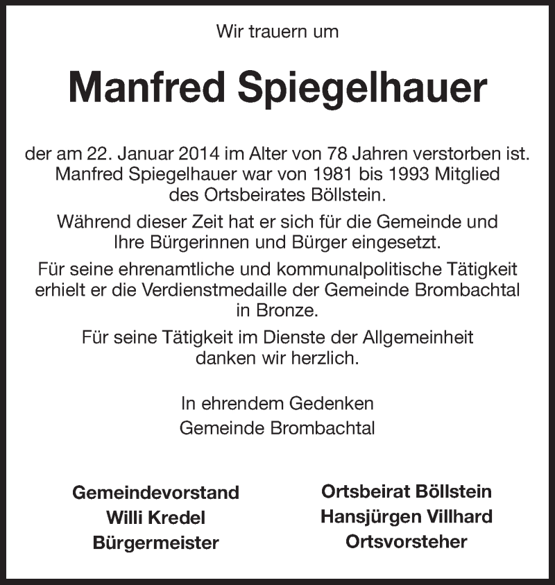 Traueranzeige für Manfred Spiegelhauer vom 28.01.2014 aus Odenwälder Echo