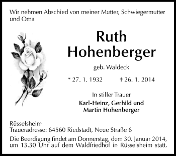 Traueranzeige von Ruth Hohenberger von Rüsselsheimer Echo, Groß-Gerauer-Echo, Ried Echo