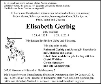 Traueranzeige von Elisabeth Gerbig von Odenwälder Echo
