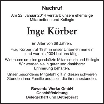 Traueranzeige von Inge Körber von Odenwälder Echo