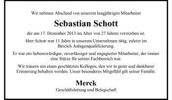 Traueranzeige von Sebastian Schott von Echo-Zeitungen (Gesamtausgabe)