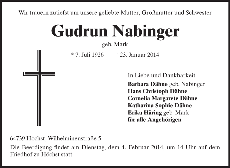  Traueranzeige für Gudrun Nabinger vom 01.02.2014 aus Odenwälder Echo