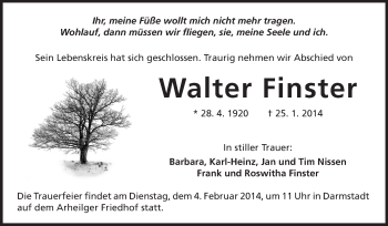 Traueranzeige von Walter Finster von Darmstädter Echo, Odenwälder Echo, Rüsselsheimer Echo, Groß-Gerauer-Echo, Ried Echo
