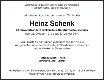 Traueranzeige von Heinz Schenk von Echo-Zeitungen (Gesamtausgabe)