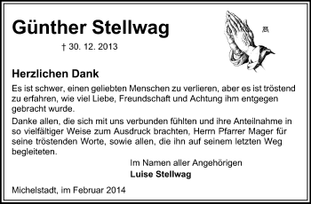 Traueranzeige von Günther Stellwag von Odenwälder Echo