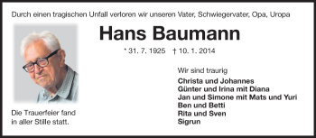 Traueranzeige von Hans Baumann von Echo-Zeitungen (Gesamtausgabe)