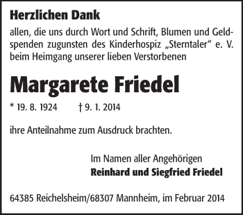 Traueranzeige von Margarete Friedel von Odenwälder Echo