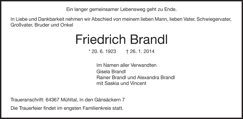  Traueranzeige für Friedrich Brandl vom 01.02.2014 aus Echo-Zeitungen (Gesamtausgabe)