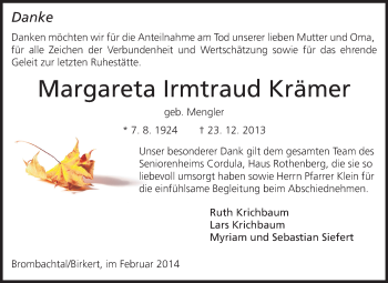 Traueranzeige von Margareta Irmtraud  Krämer von Odenwälder Echo