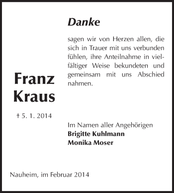 Traueranzeige von Franz Kraus von Rüsselsheimer Echo, Groß-Gerauer-Echo, Ried Echo
