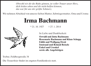 Traueranzeige von Irma Bachmann von Rüsselsheimer Echo, Groß-Gerauer-Echo, Ried Echo