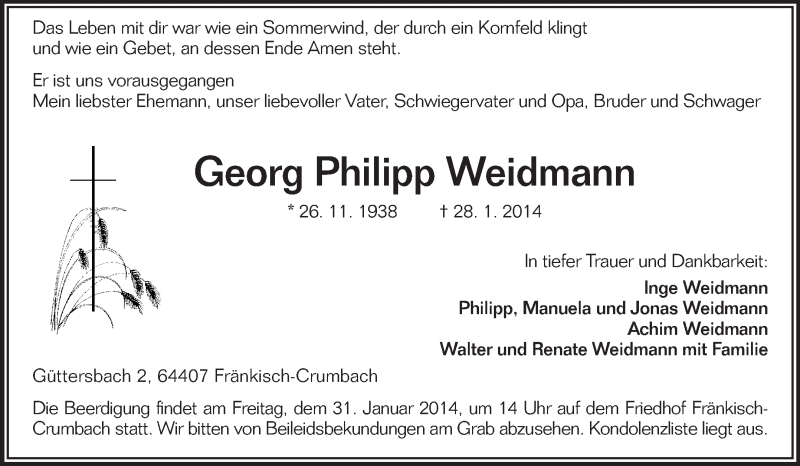  Traueranzeige für Georg Philipp Weidmann vom 30.01.2014 aus Odenwälder Echo