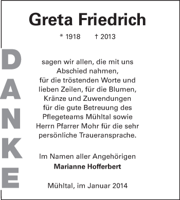 Traueranzeige von Greta Friedrich von Echo-Zeitungen (Gesamtausgabe)