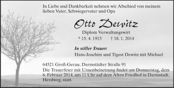 Traueranzeige von Otto Dewitz von Rüsselsheimer Echo, Groß-Gerauer-Echo, Ried Echo