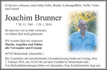 Traueranzeige von Joachim Brunner von Odenwälder Echo