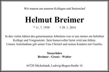 Traueranzeige von Helmut Breimer von Odenwälder Echo